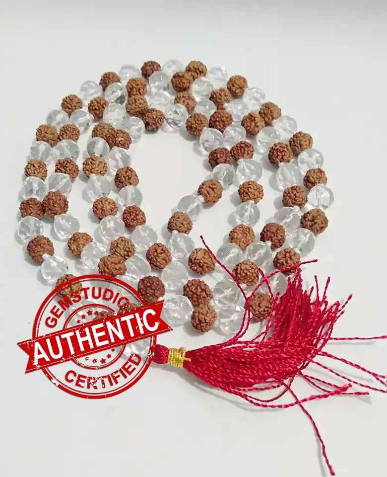 Certified 5 Mukhi Rudraksha with Sphatik Mala (अभिंमत्रित & ब्रह्मगांठ ) 108 Bead